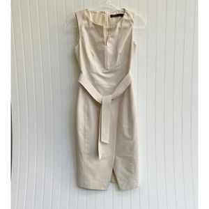 Karen Millen Dress Cocktail Pencil Sheath Belted Ivory Stretch V Neck